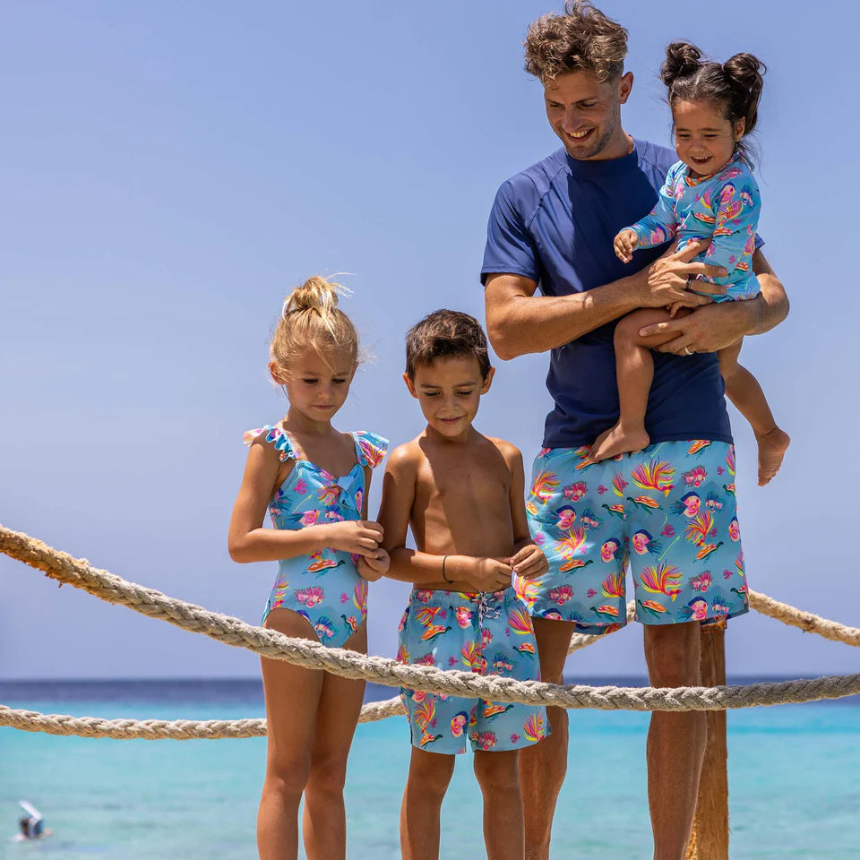 Snapperrock Girls LS Kaleido Fish Surf Suit BLUE