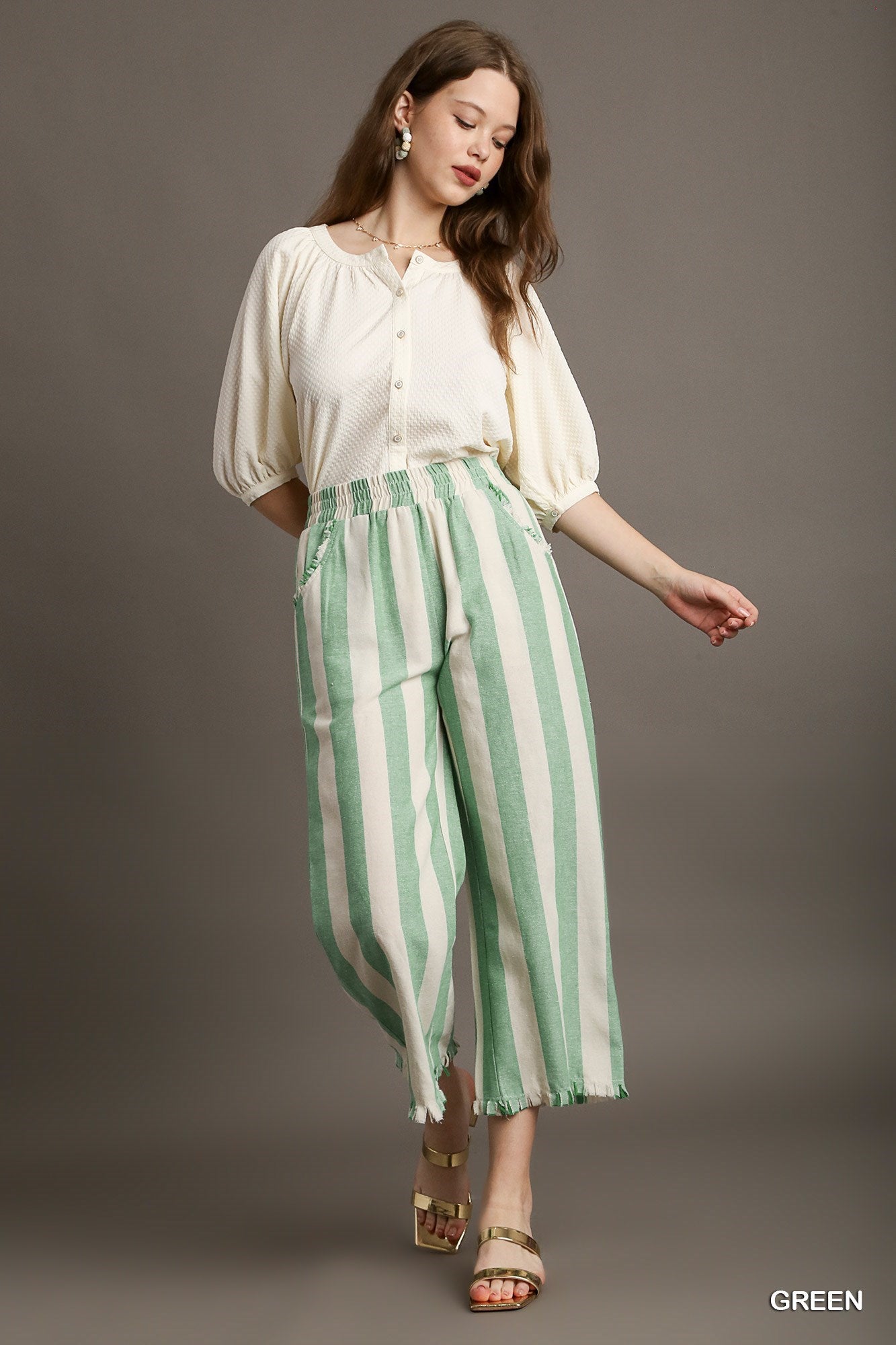 Umgee W Linen Stripe Pant GREEN