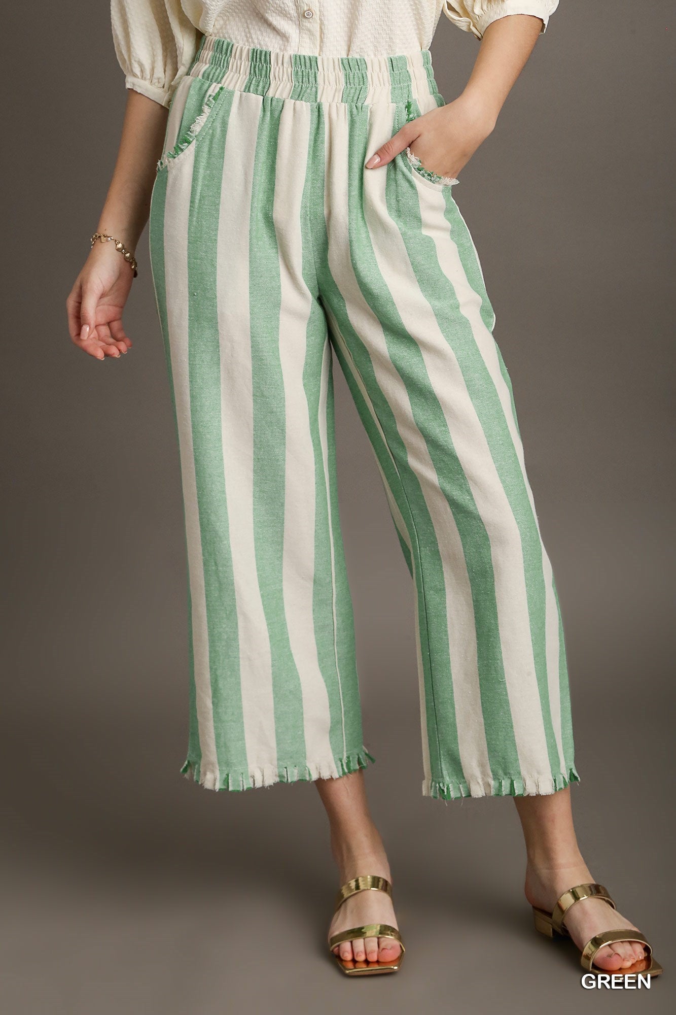 Umgee W Linen Stripe Pant GREEN