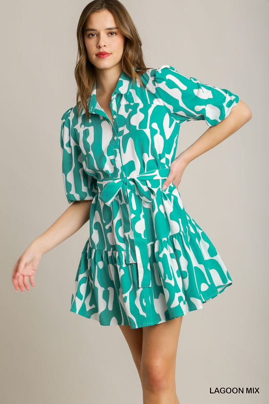 Umgee W Abstract Print Collared Dress LAGOON MIX