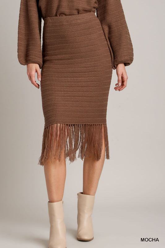 Umgee W Fringe Midi Skirt MOCHA