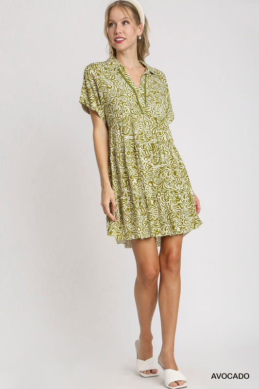 Umgee W Printed Collared Shirt Dress AVOCADO