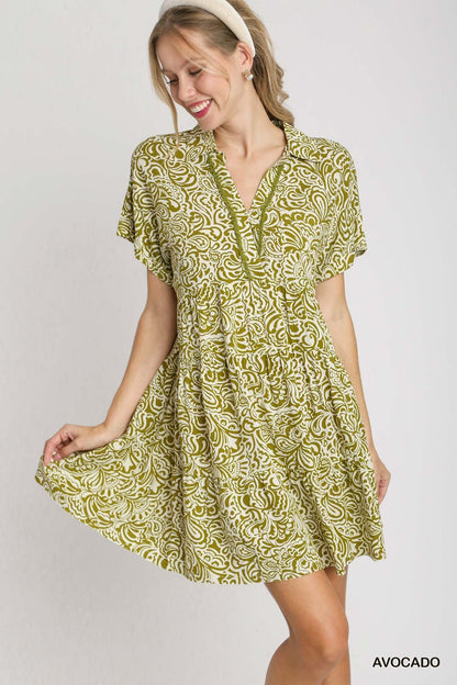 Umgee W Printed Collared Shirt Dress AVOCADO