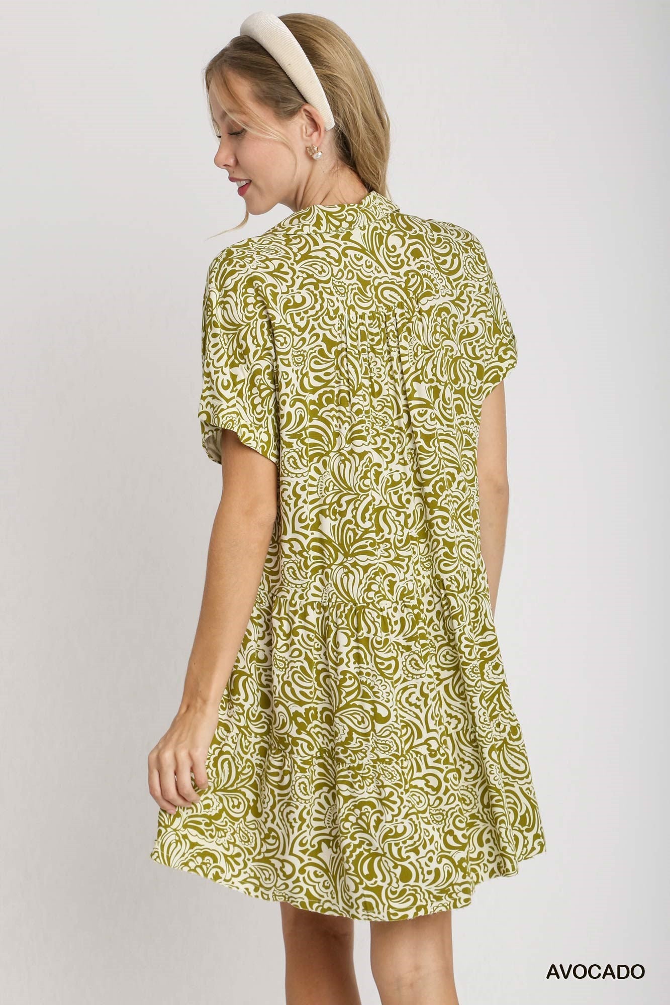 Umgee W Printed Collared Shirt Dress AVOCADO