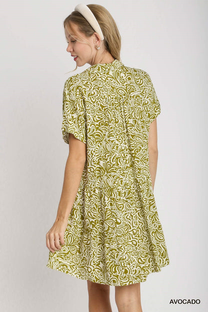 Umgee W Printed Collared Shirt Dress AVOCADO