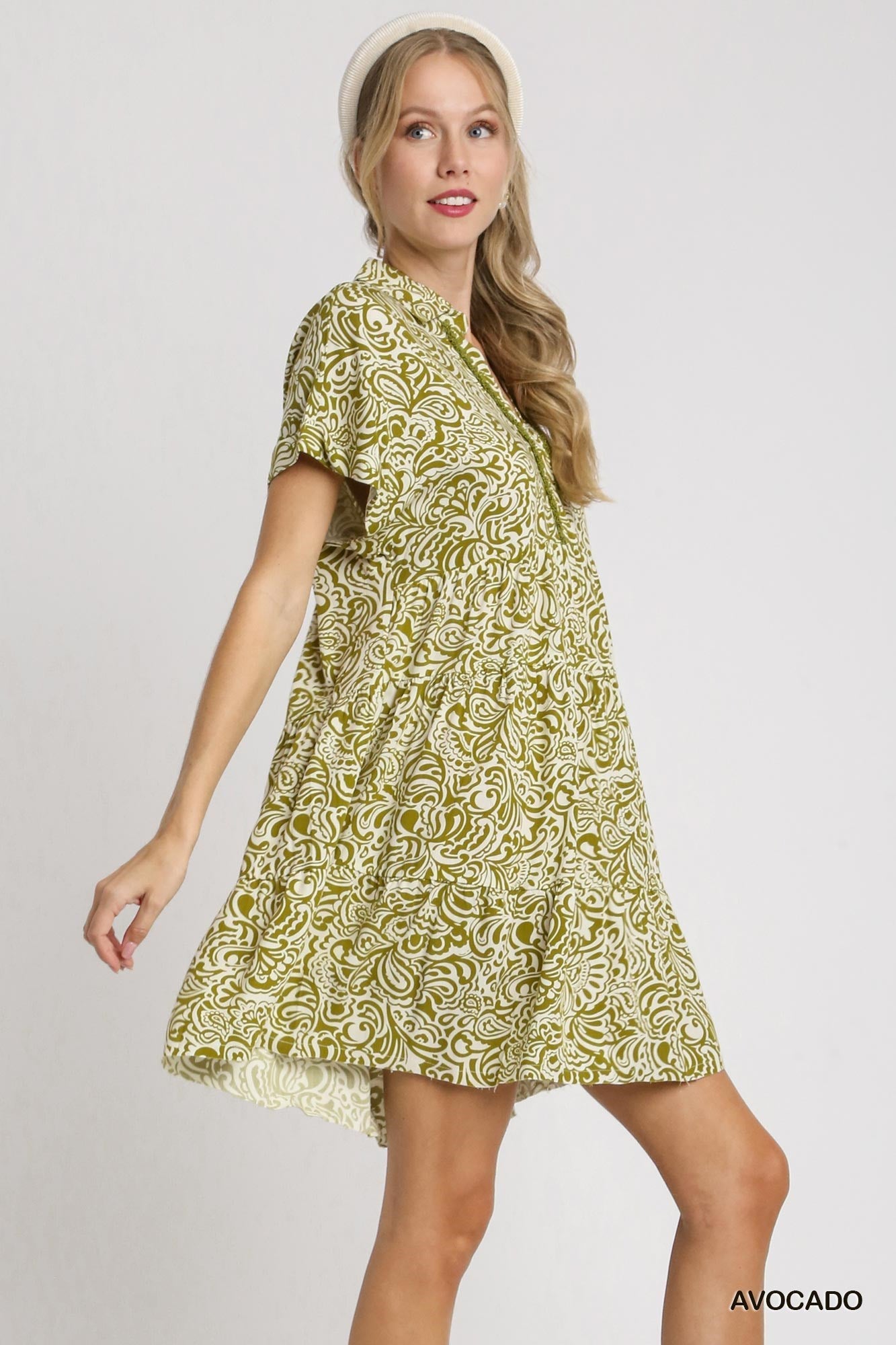 Umgee W Printed Collared Shirt Dress AVOCADO