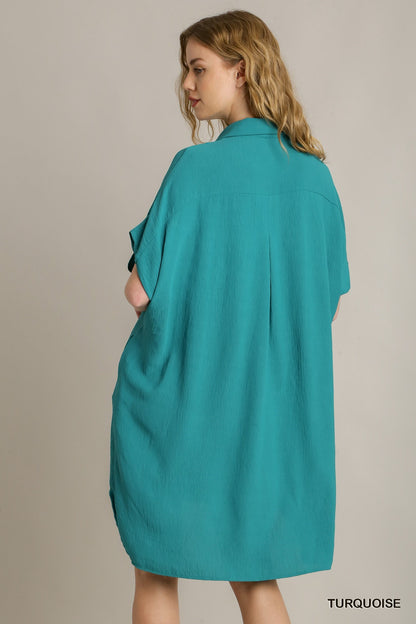 Umgee W Button Down High Low Hem Dress TURQUOISE