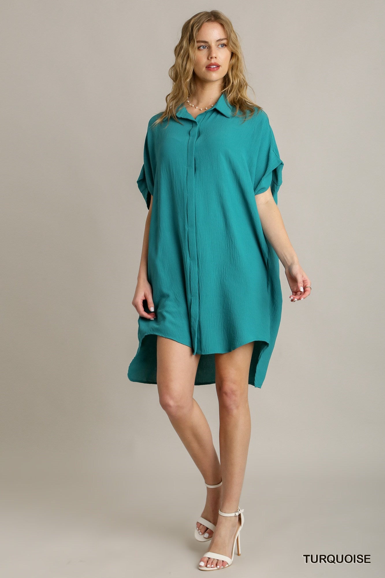 Umgee W Button Down High Low Hem Dress TURQUOISE