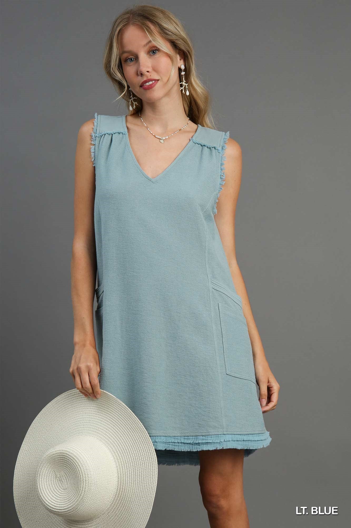 Umgee W Terry V-Neck Pocket Dress LIGHT BLUE