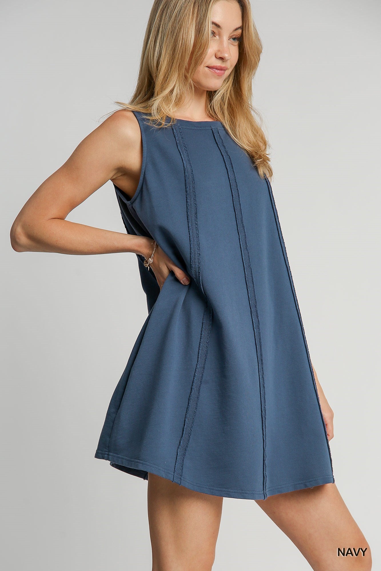 Umgee W Sleeveless French Terry Dress NAVY