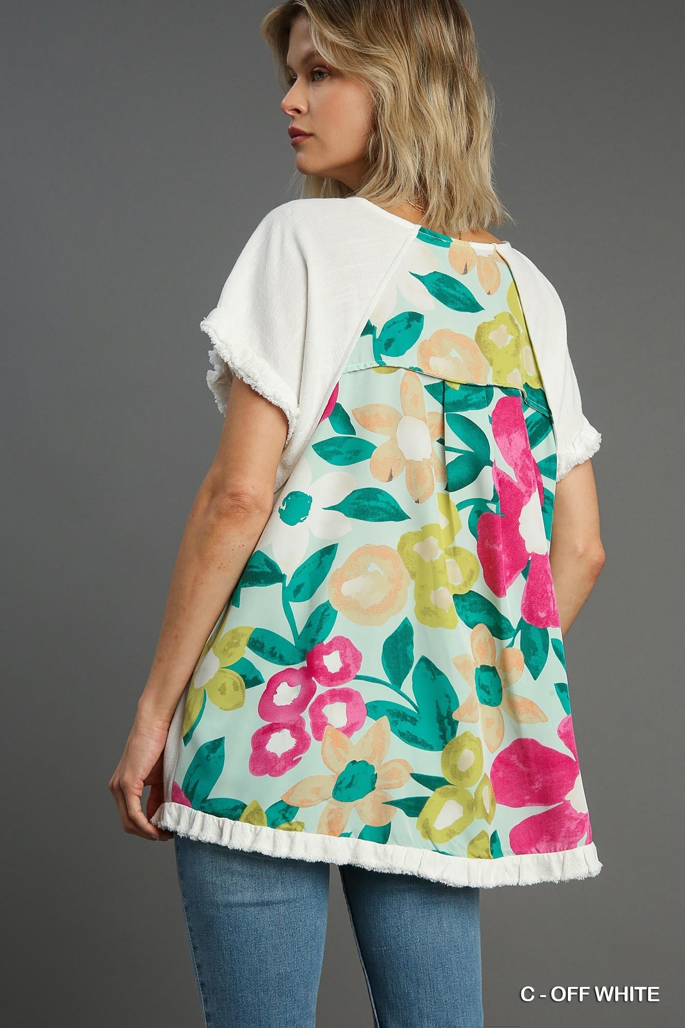 Umgee W Floral Print Back Top OFF WHITE