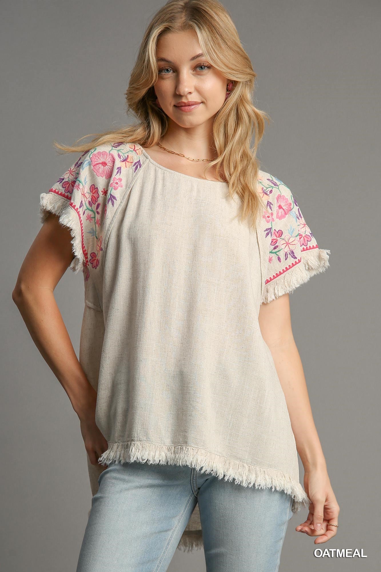 Umgee W Embroidered Round Neck Top OATMEAL