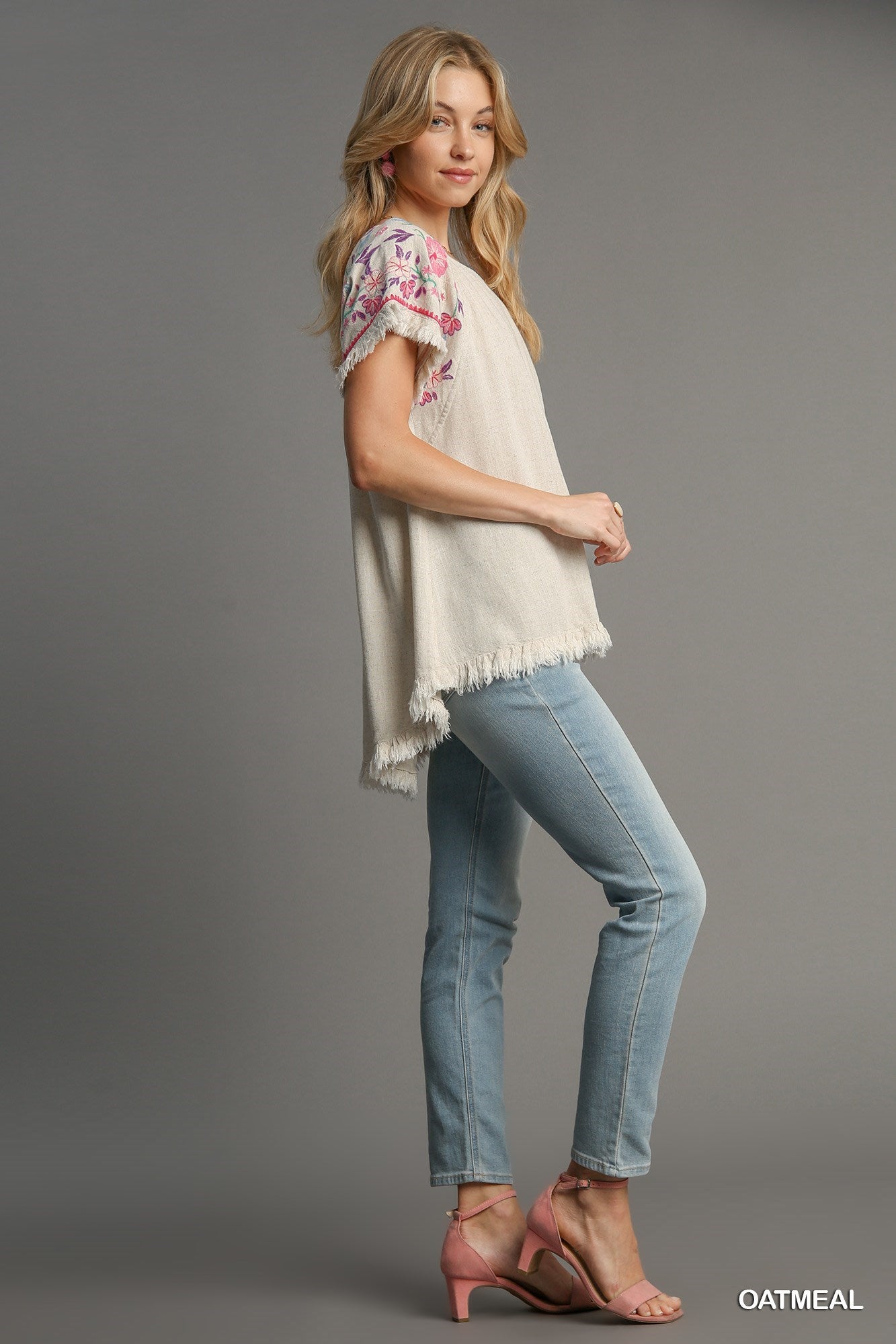 Umgee W Embroidered Round Neck Top OATMEAL