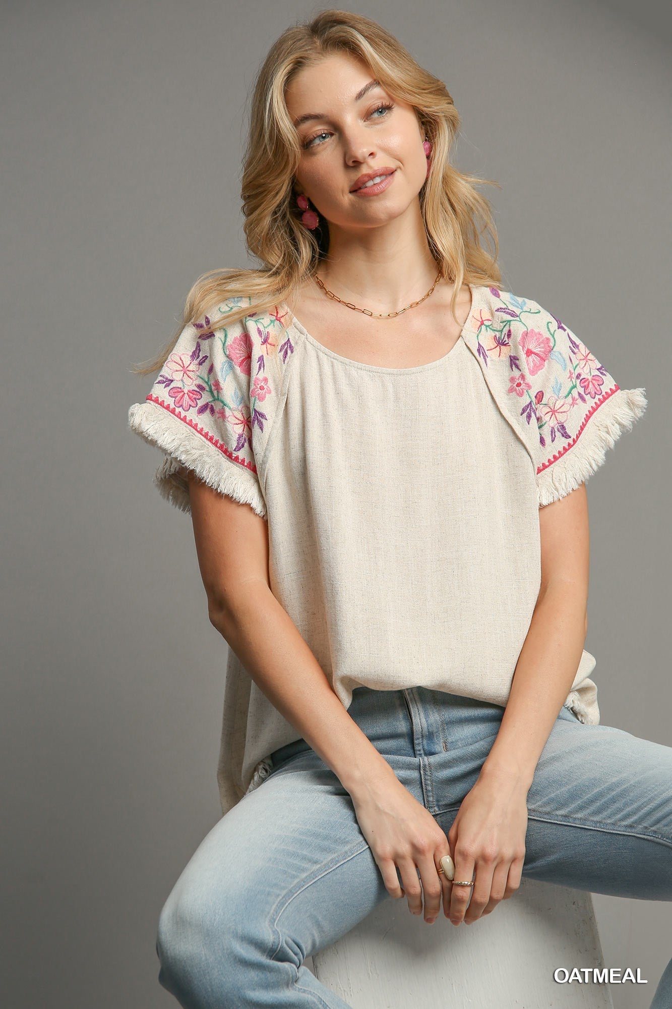 Umgee W Embroidered Round Neck Top OATMEAL