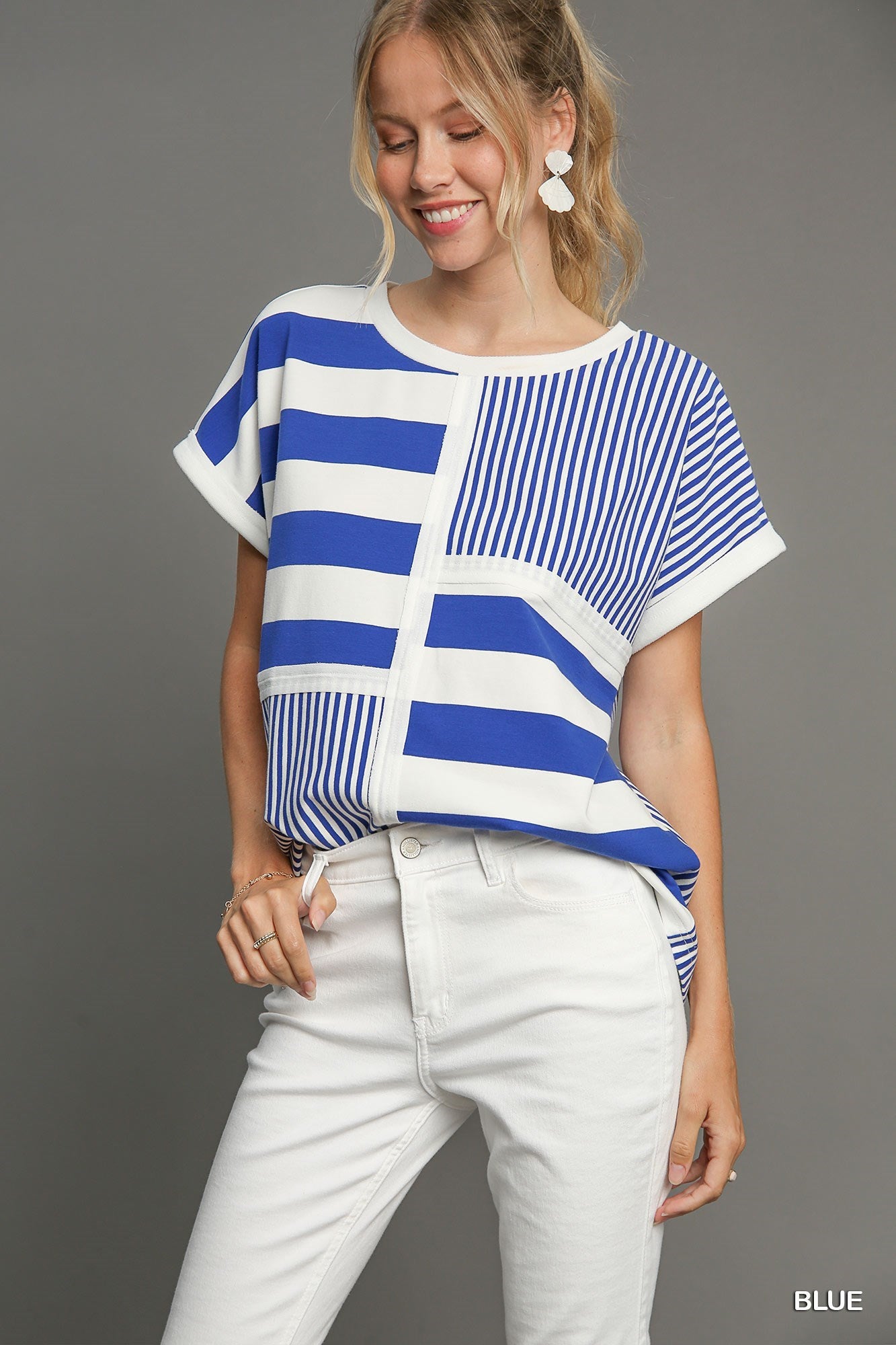 Umgee W Mixed Stripe Boxy Top NAVY
