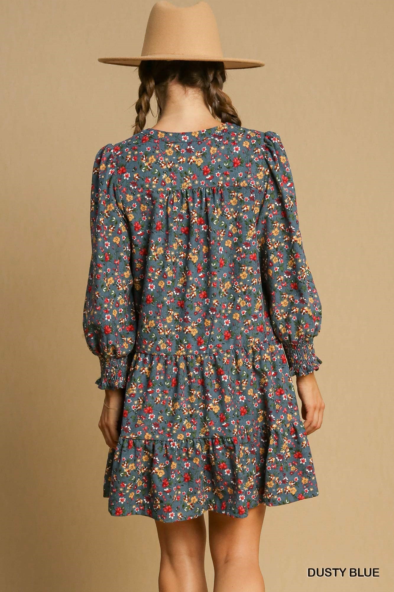 Umgee W Floral Corduroy Tiered Dress DUSTY BLUE