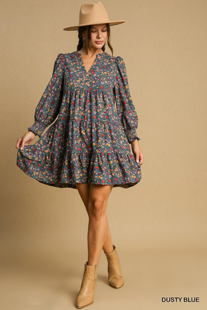 Umgee W Floral Corduroy Tiered Dress DUSTY BLUE