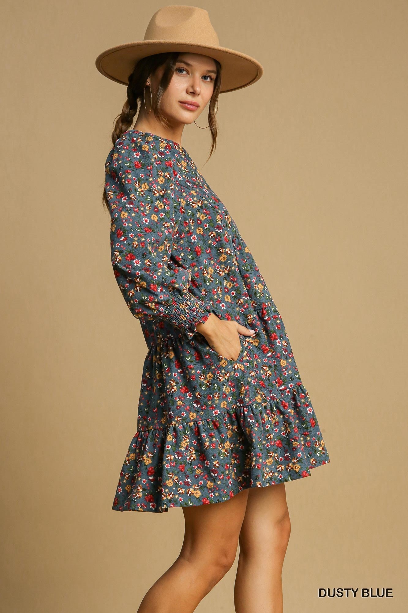 Umgee W Floral Corduroy Tiered Dress DUSTY BLUE