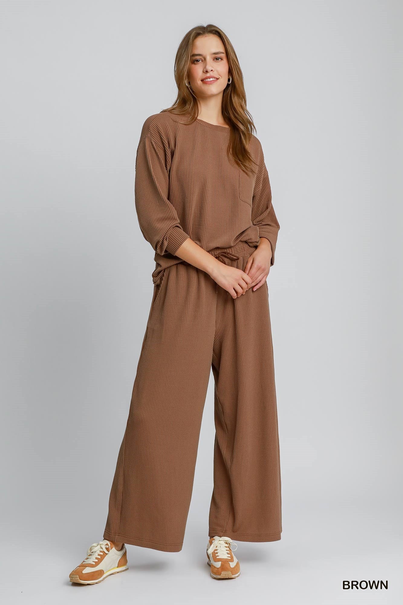 Umgee W LS Ribbed Top BROWN