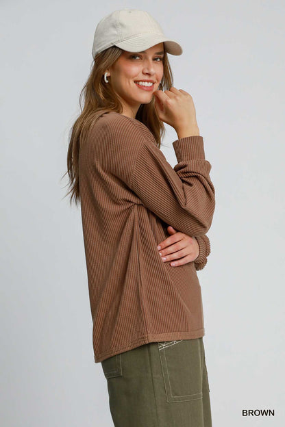 Umgee W LS Ribbed Top BROWN