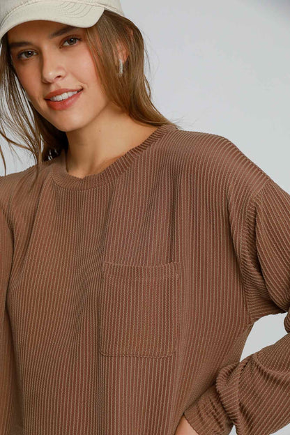 Umgee W LS Ribbed Top BROWN