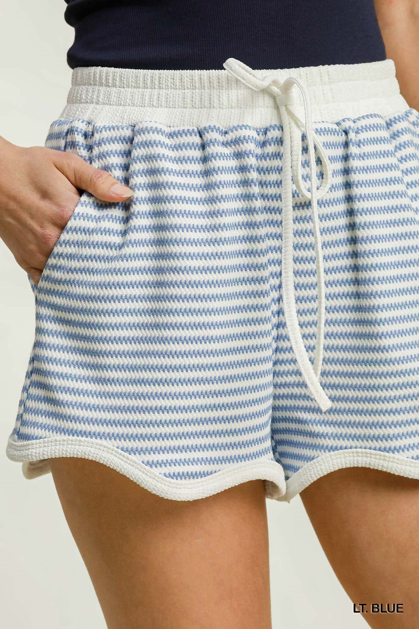 Umgee W Textured Striped Knit Shorts LIGHT BLUE