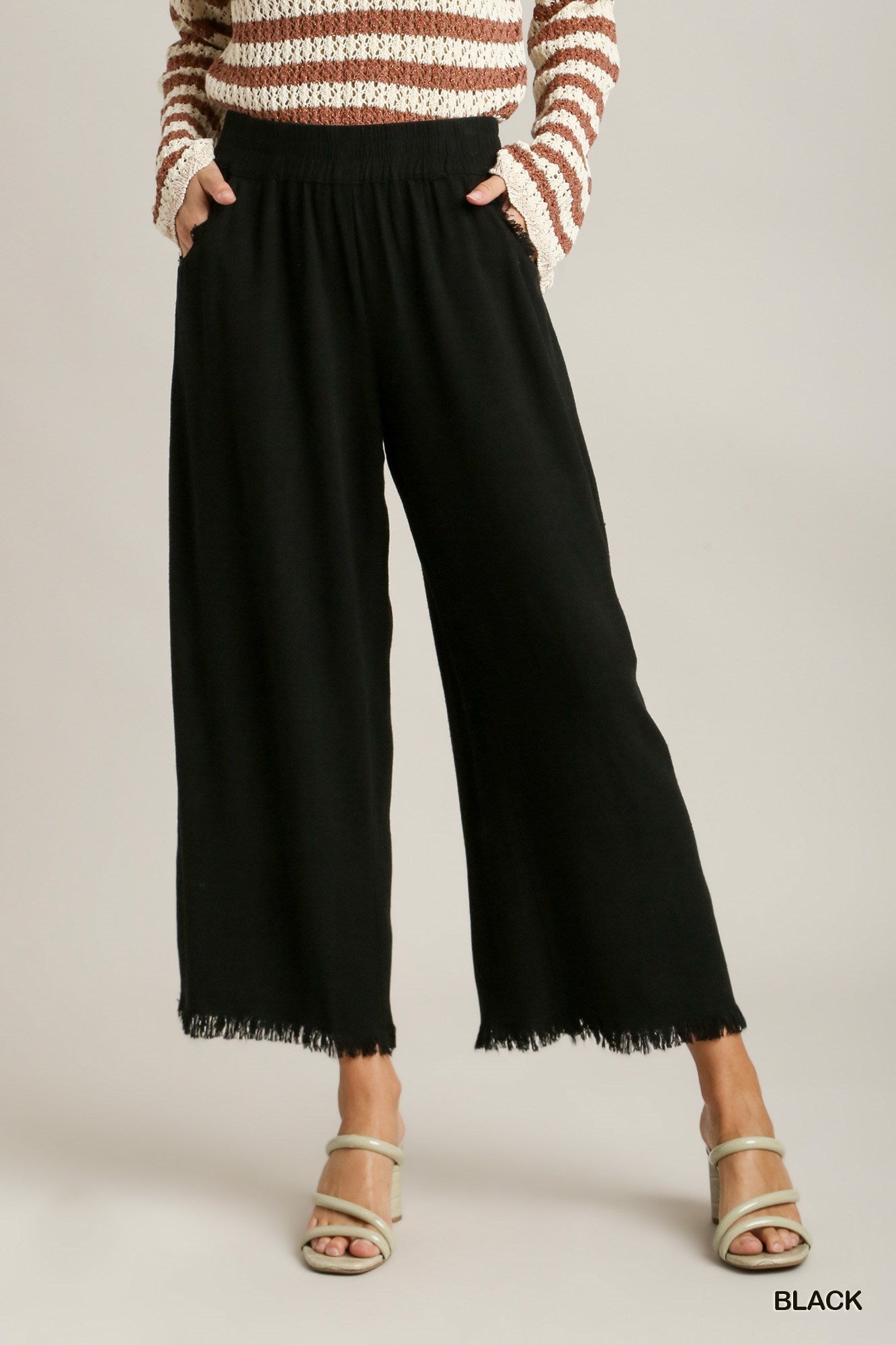 Umgee W Wide Leg Frayed Hem Pant BLACK