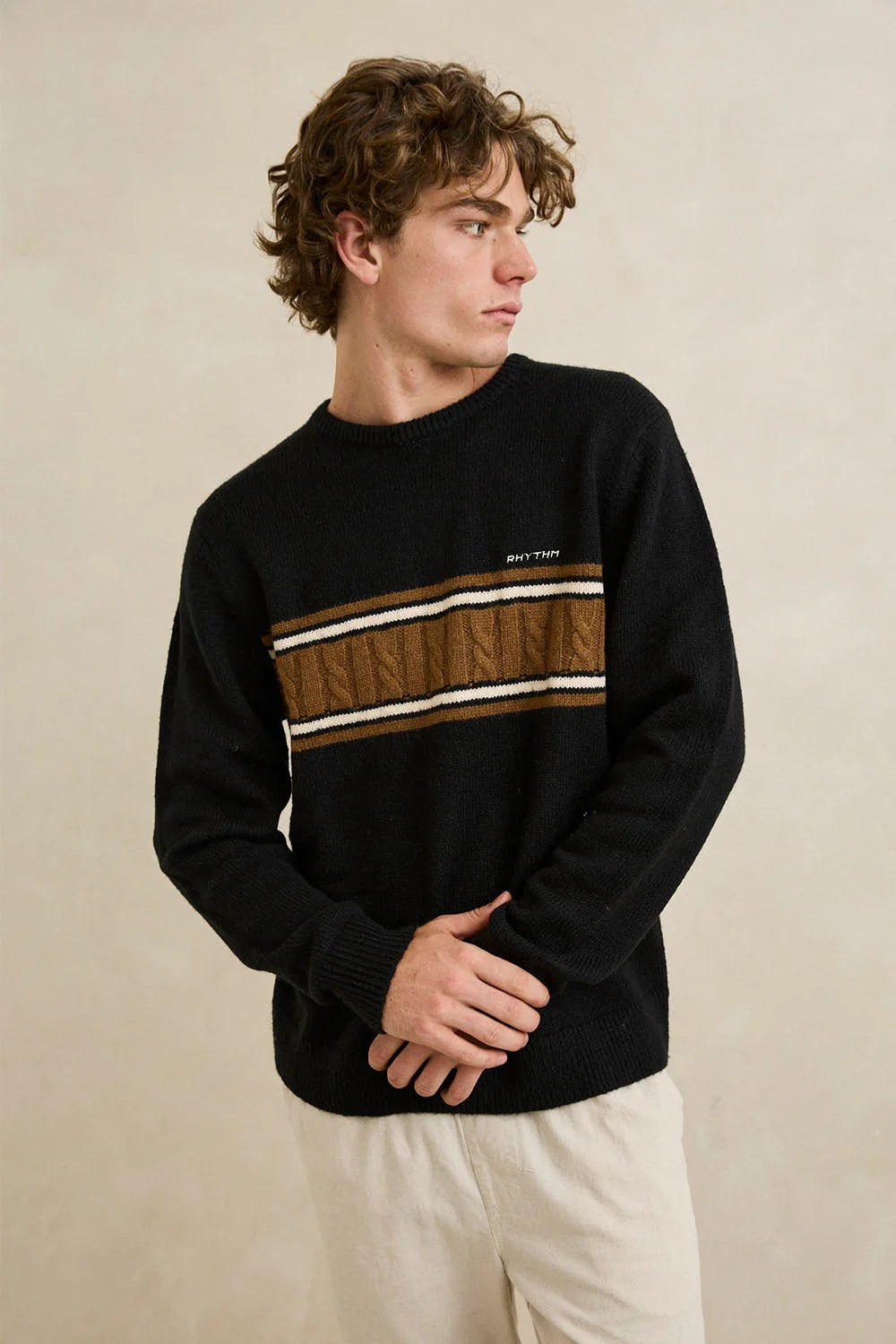 Rhythm M Mohair Stripe Knit Sweater BLACK