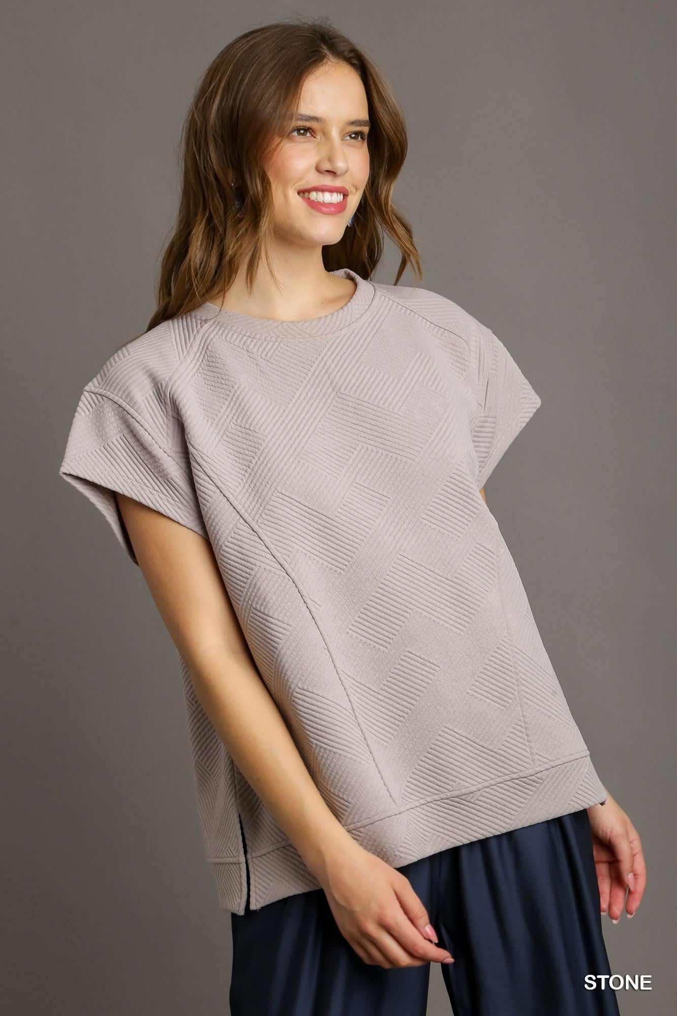 Umgee W Criss Cross Jacquard Sweatshirt STONE