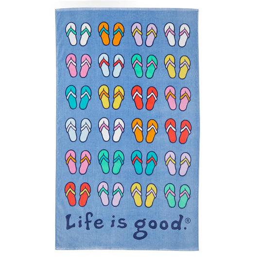 Life is Good Beach Towel Repeating Flip Flops COOL BLUE