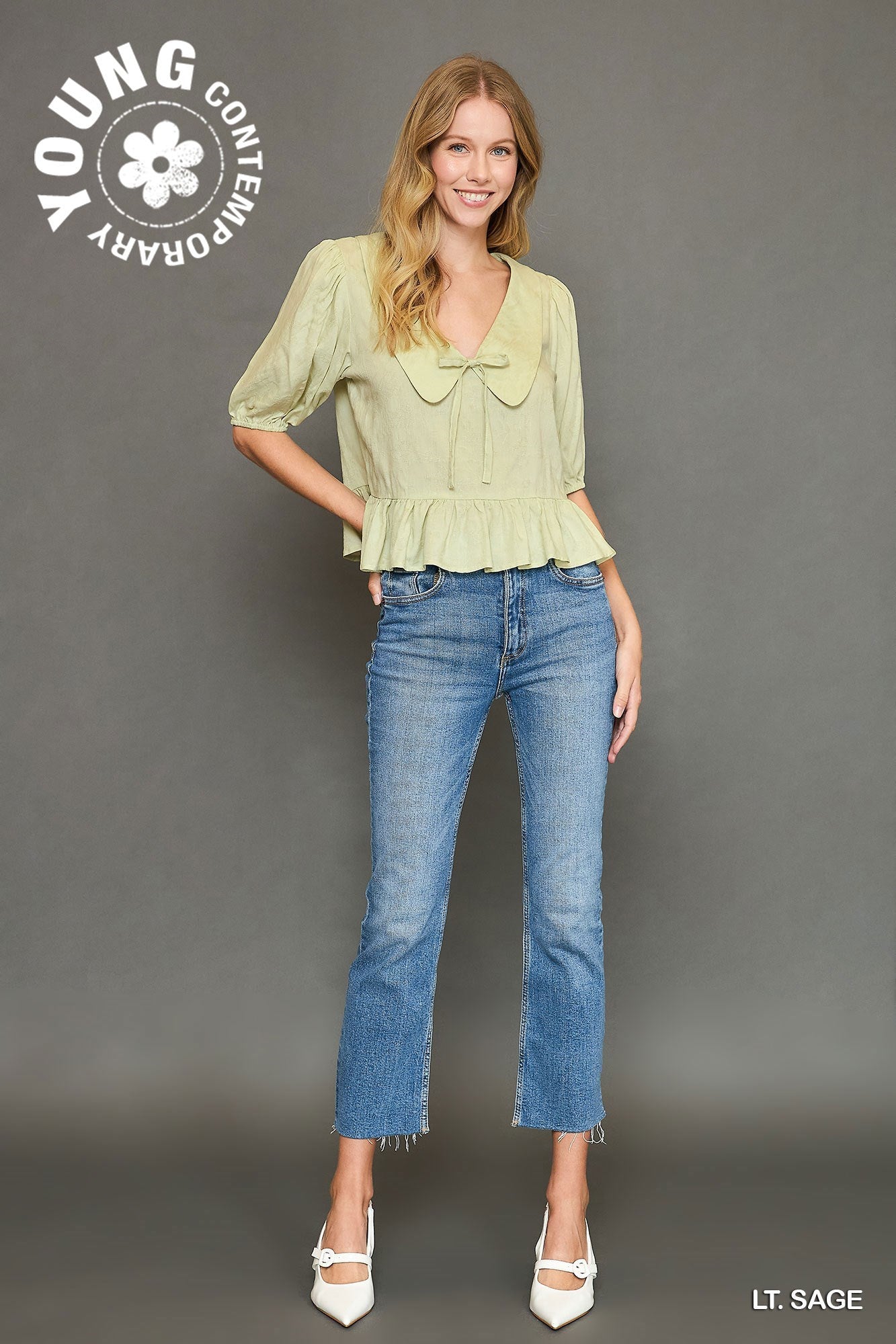 Umgee W Collared Top LIGHT SAGE