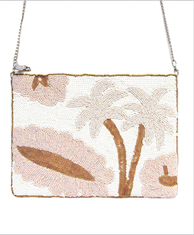 Golden Stella Palm Tree Beaded Clutch WHITE