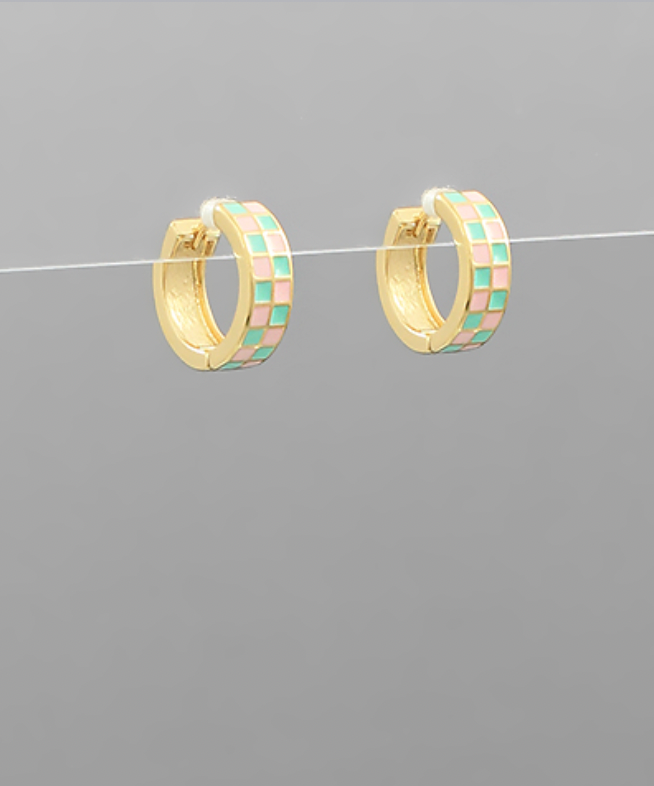 Golden Stella Checker Huggie Hoops MINT/GOLD