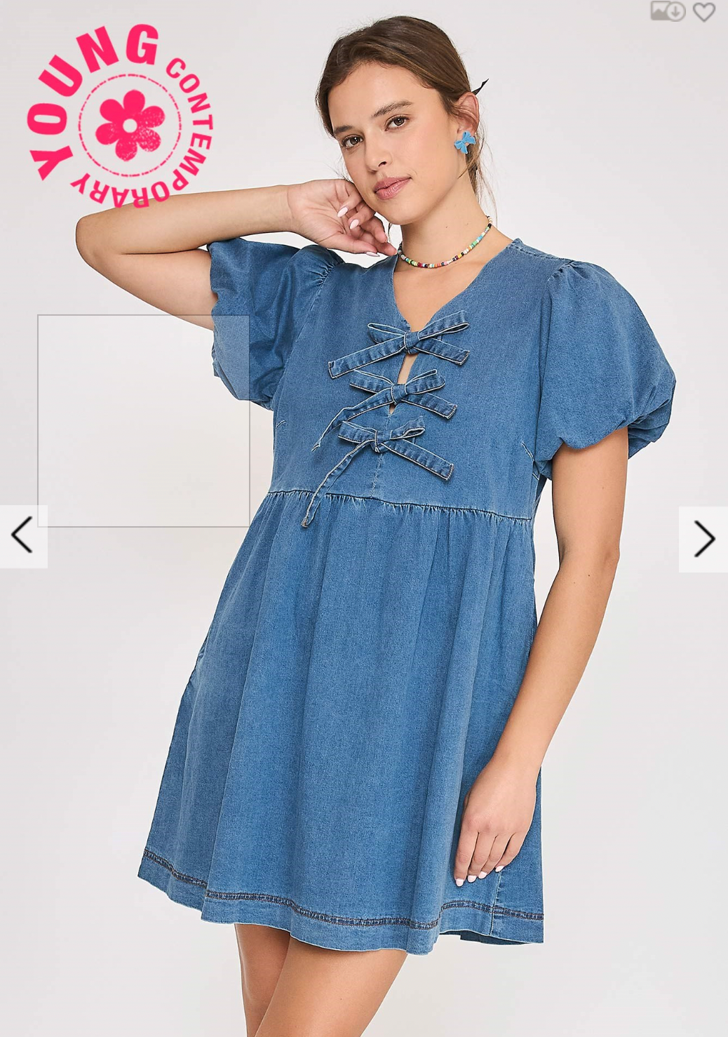 Umgee W Puff Sleeve Bow Dress DENIM