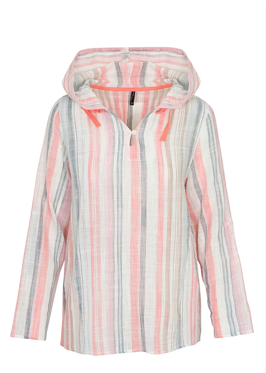 North River W Woven Keyhole V-Neck Hoodie CORAL HAZE