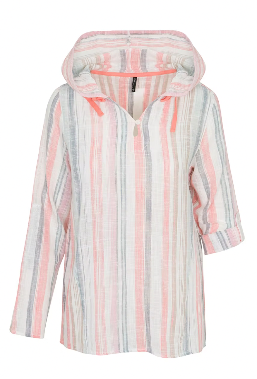 North River W Woven Keyhole V-Neck Hoodie CORAL HAZE