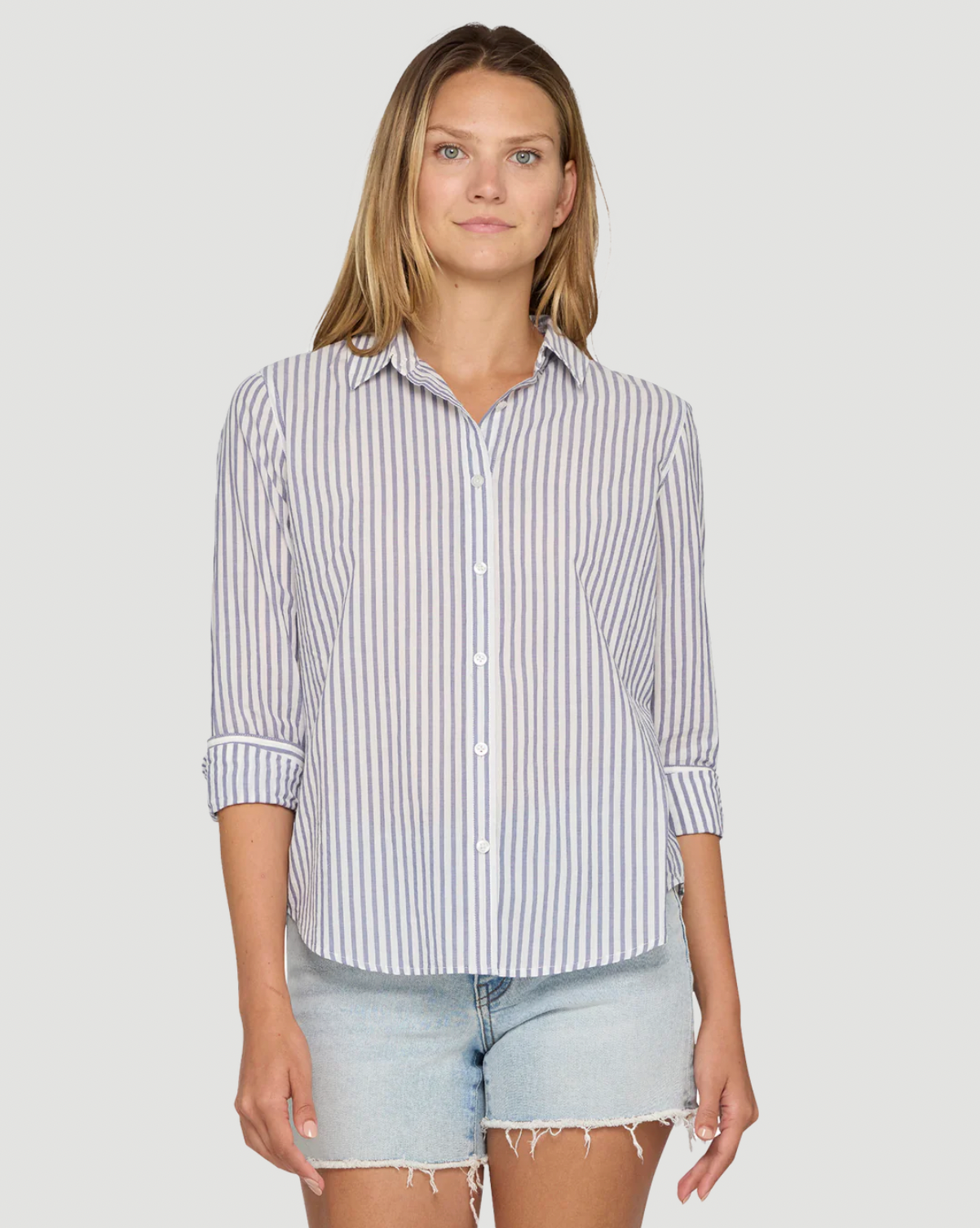 Flag & Anthem W Crane Stripe Woven Linen Shirt NAVY / WHITE STRIPE