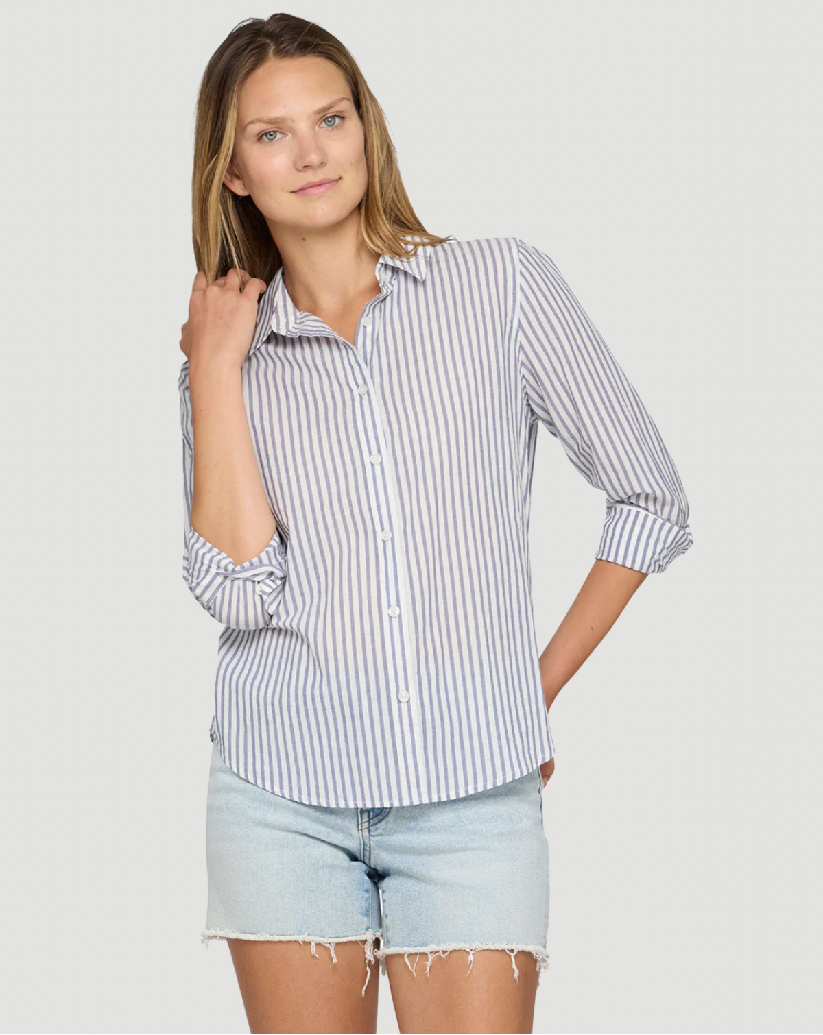 Flag & Anthem W Crane Stripe Woven Linen Shirt NAVY / WHITE STRIPE