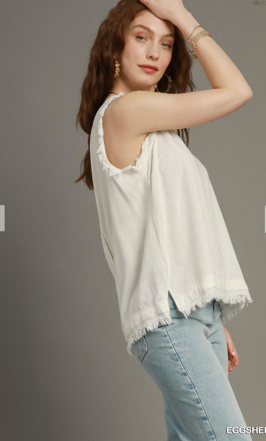 Umgee W Linen Frayed Tank EGGSHELL