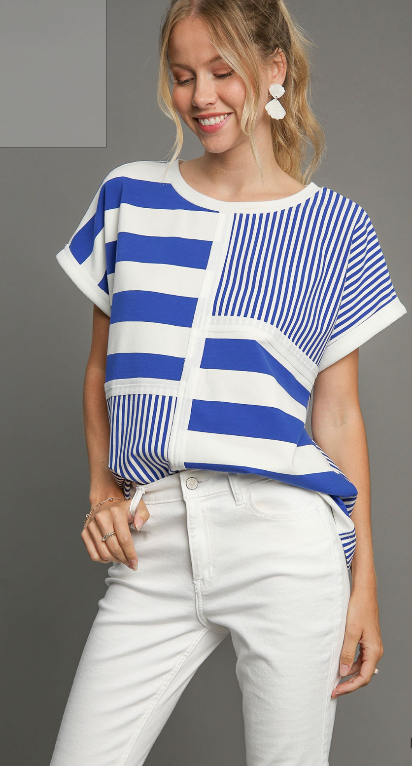 Umgee W Mixed Stripe Boxy Top NAVY