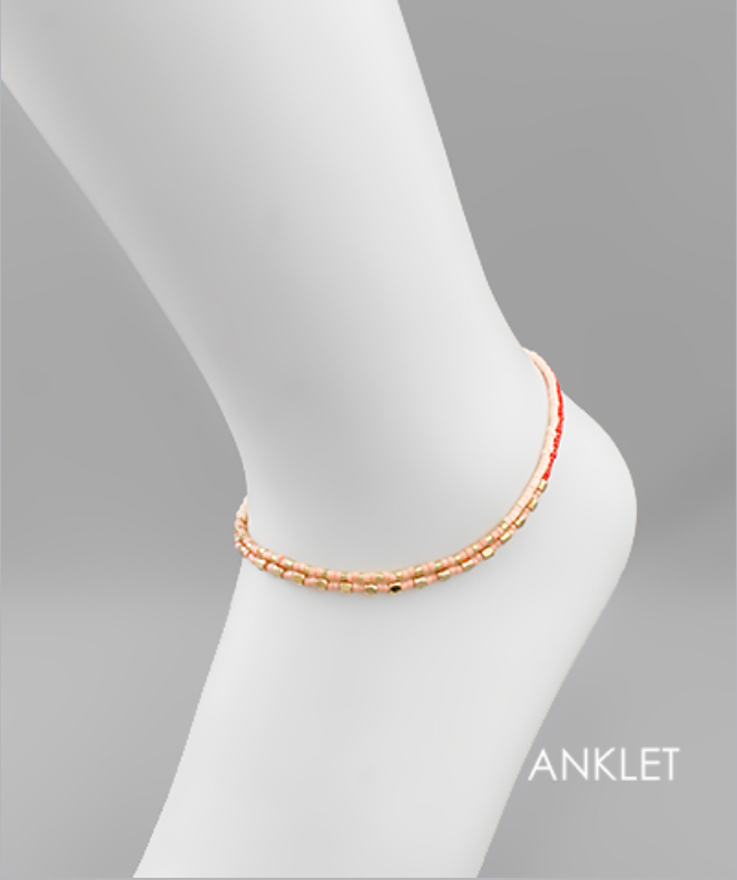 Golden Stella 2 Bead Row Anklet CORAL