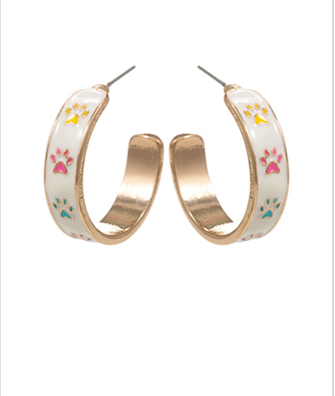 Golden Stella Printed Paw Enamel Hoop Earring CREME