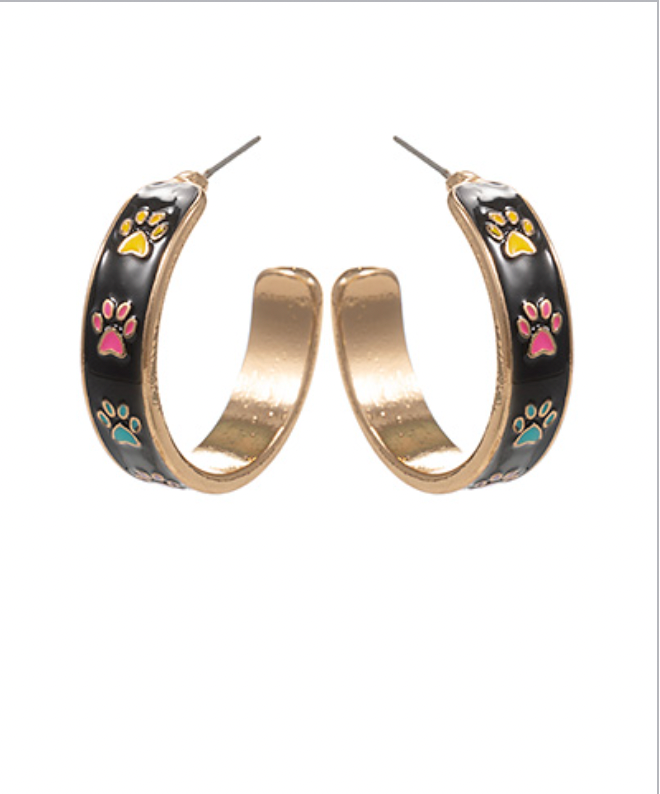 Golden Stella Printed Paw Enamel Hoop Earrings BLACK