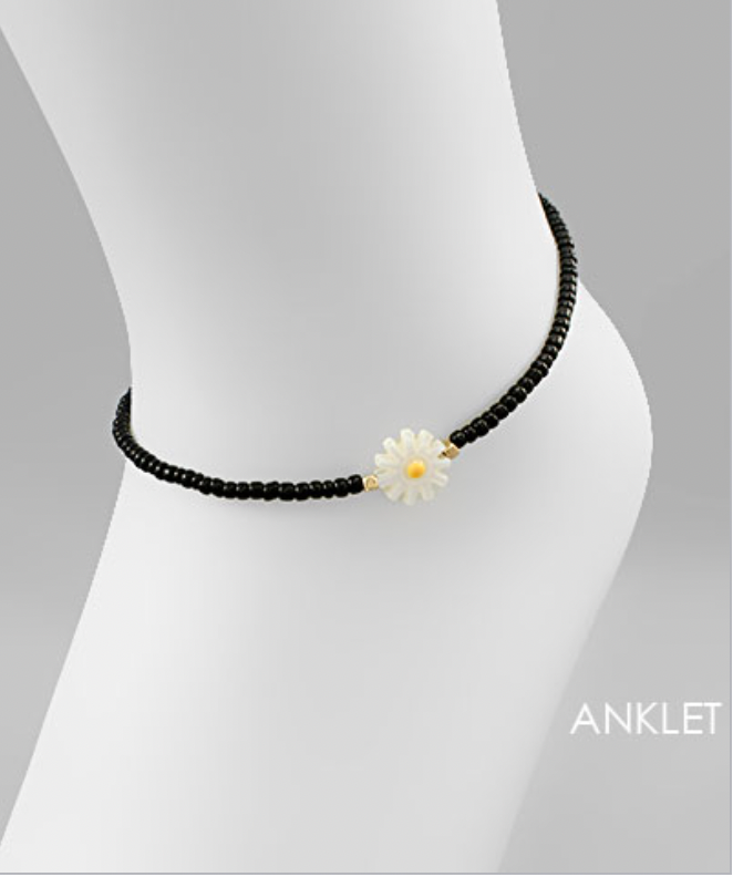 Golden Stella Flower Seed Bead Anklet BLACK