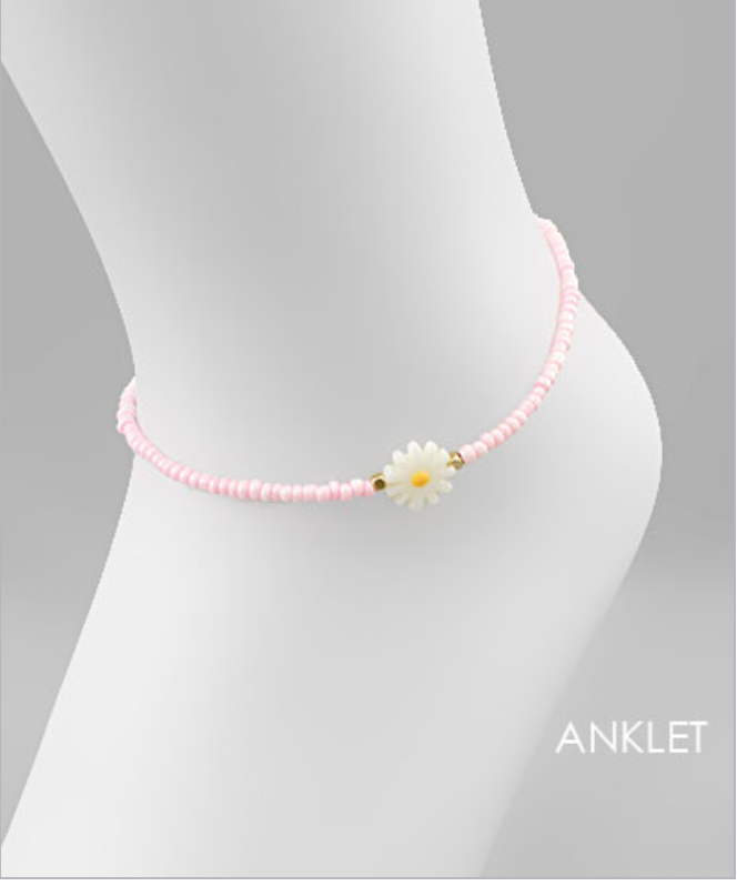 Golden Stella Flower Seed Bead Anklet PINK