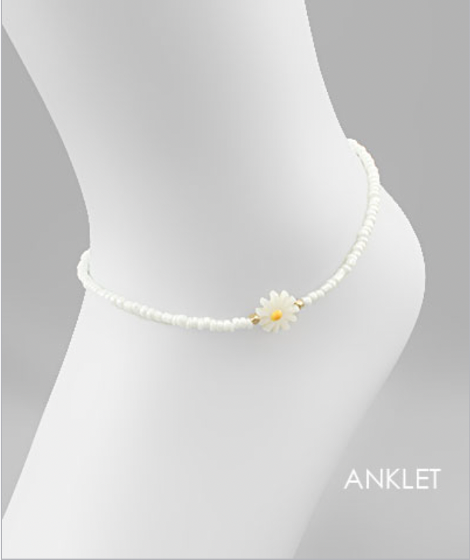 Golden Stella Flower Seed Bead Anklet WHITE