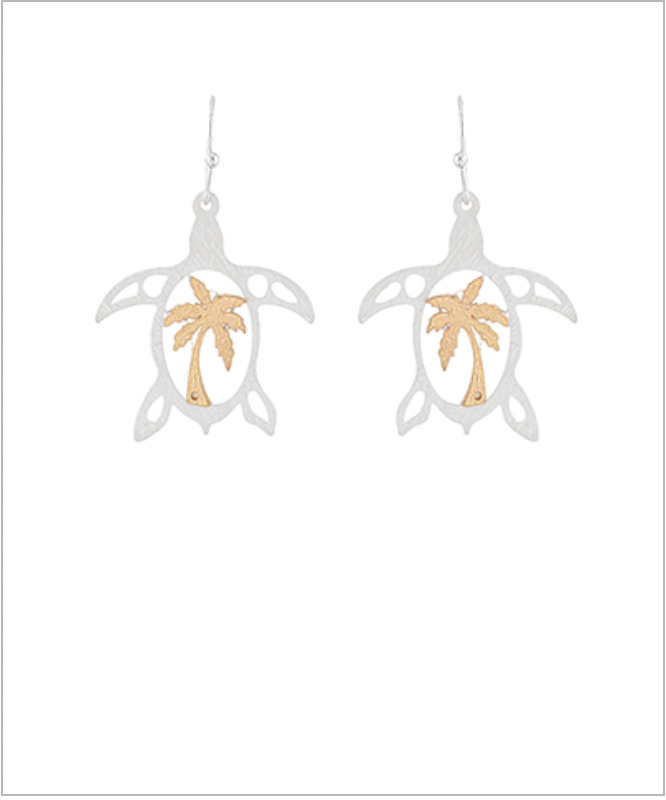 Golden Stella Two Tone Turtle & Palm Earrings SILVER