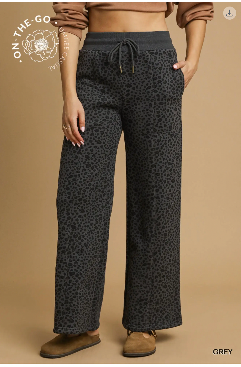 Umgee W Animal Print High Waisted Sweatpants GREY