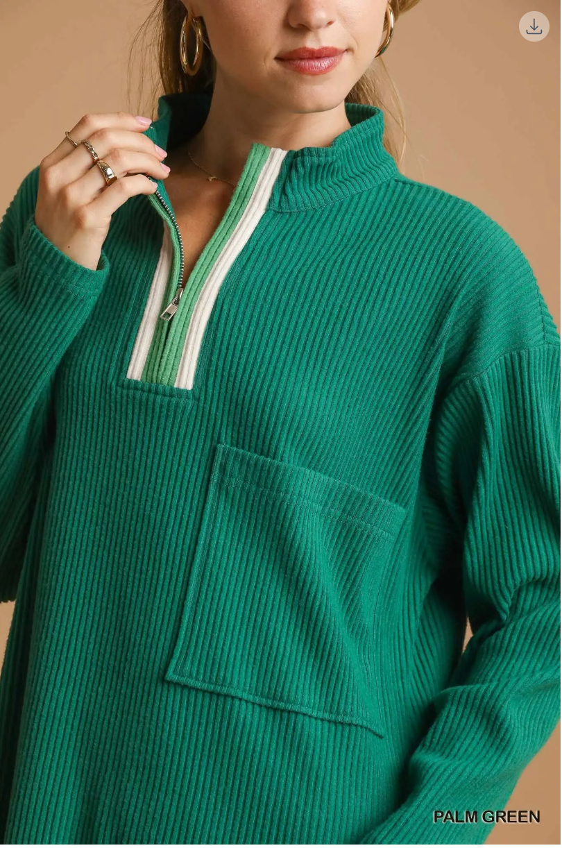 Umgee W Mock Neck Contrast Half Zip Pullover PALM