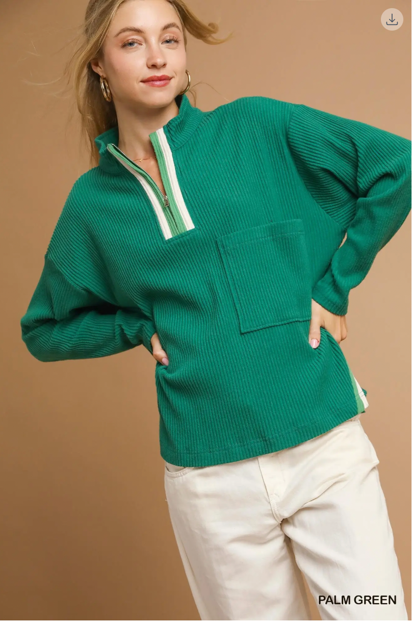 Umgee W Mock Neck Contrast Half Zip Pullover PALM